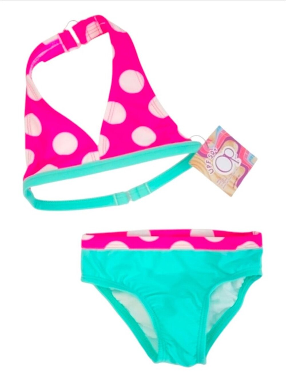 Polka Dot Halter Bikini Set Pink & Aqua Girls Swimwear UPF 50+ Protection